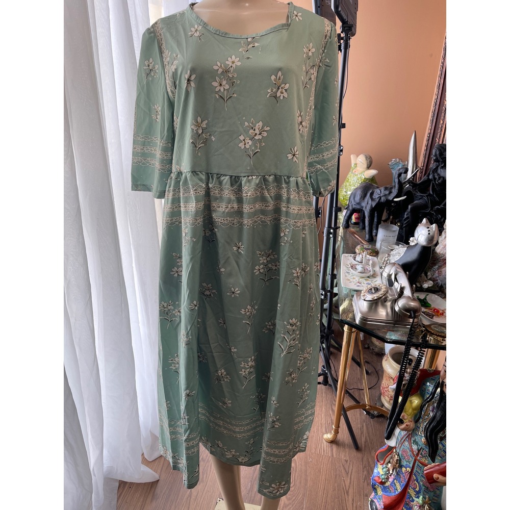 JZ Fashion Sage Green Floral Border Print Midi Dress Size L Three Quarter Sleeve